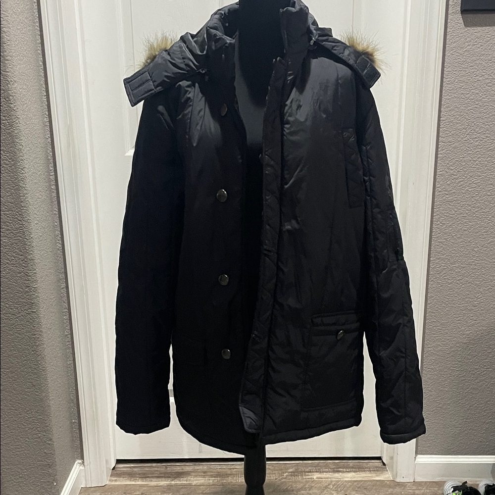 Guess Black Puffer Jacket with Fur Trim